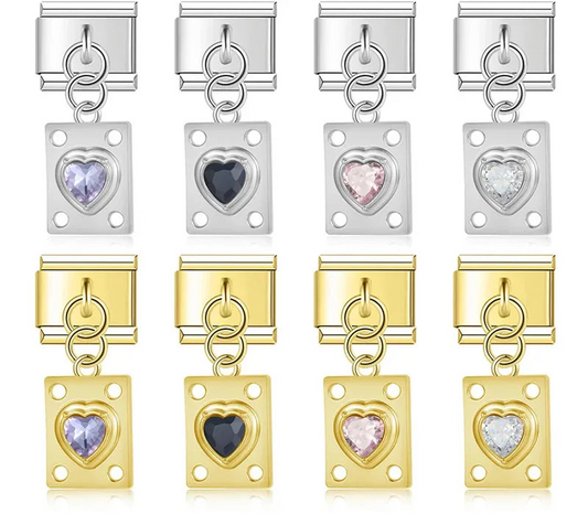 Vintage Jeweled Heart Plaque Dangle Charm silver&gold