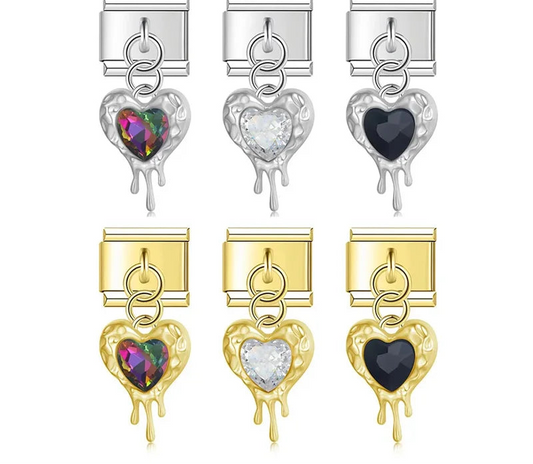 melted heart charms with gemstone silver&gold