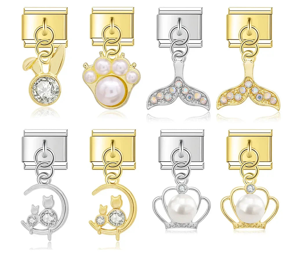Pearl Crown & Whimsical Motif Dangle Charm silver&gold