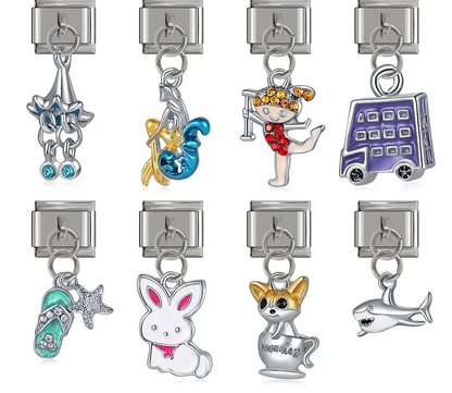 Rabbit, Bus, Dog, Mermaid, Girl & Shark Dangle Italian Charms — Fun Character Dangle Links