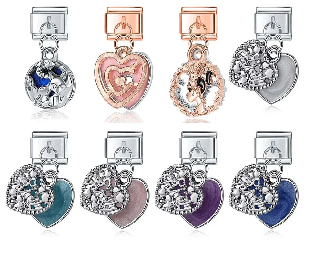 Set of heart-shaped italian charms with various designs  charmtastic 