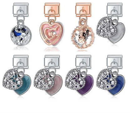Set of heart-shaped italian charms with various designs  charmtastic 