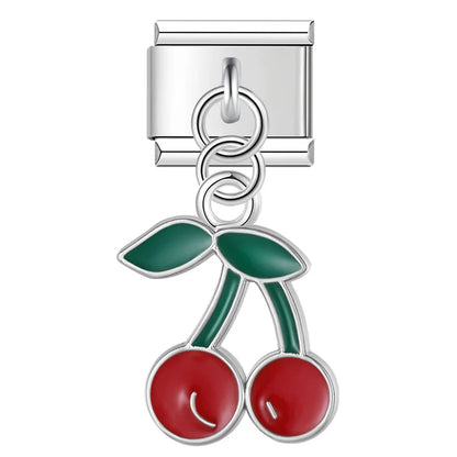 Sweet Cherry & Floral Kitty Dangle Italian Charms in Silver — Enamel Cherry & Pastel Cat Dangle Links
