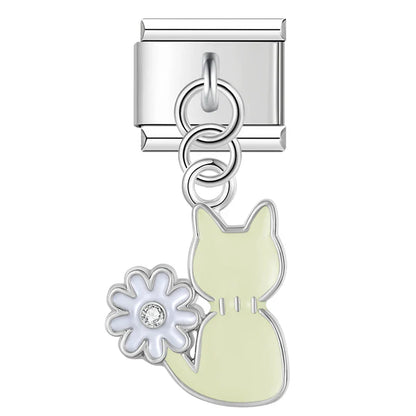 Sweet Cherry & Floral Kitty Dangle Italian Charms in Silver — Enamel Cherry & Pastel Cat Dangle Links