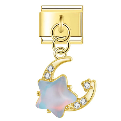 Star & Crystal Crescent Moon Dangle Charm in Silver & Gold