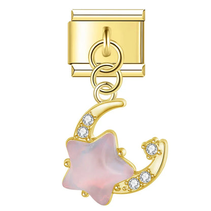Star & Crystal Crescent Moon Dangle Charm in Silver & Gold