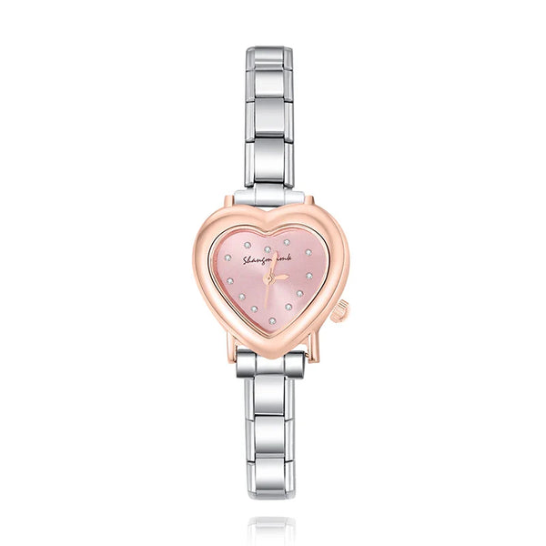 Two-Tone Heart Watch with Crystal Accents — Silver & Gold Romantic Italian Charm Watch