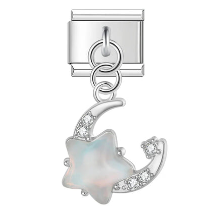 Star & Crystal Crescent Moon Dangle Charm in Silver & Gold
