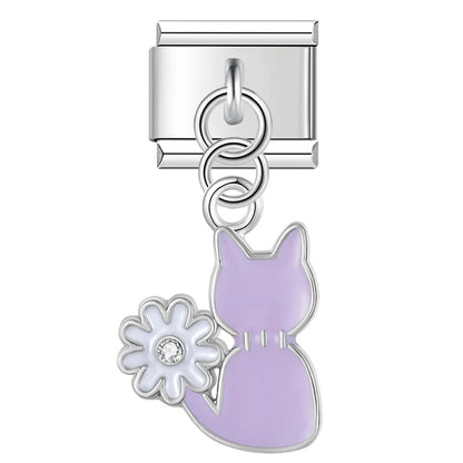 Sweet Cherry & Floral Kitty Dangle Italian Charms in Silver — Enamel Cherry & Pastel Cat Dangle Links