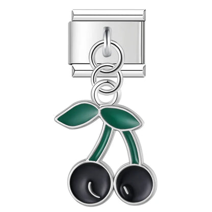 Sweet Cherry & Floral Kitty Dangle Italian Charms in Silver — Enamel Cherry & Pastel Cat Dangle Links