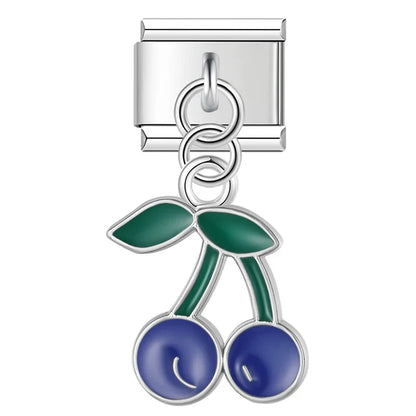 Sweet Cherry & Floral Kitty Dangle Italian Charms in Silver — Enamel Cherry & Pastel Cat Dangle Links