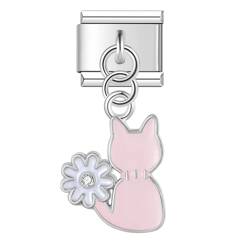 The Sweet Cherry & Floral Kitty Dangle Charm in Silve