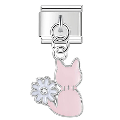 Sweet Cherry & Floral Kitty Dangle Italian Charms in Silver — Enamel Cherry & Pastel Cat Dangle Links