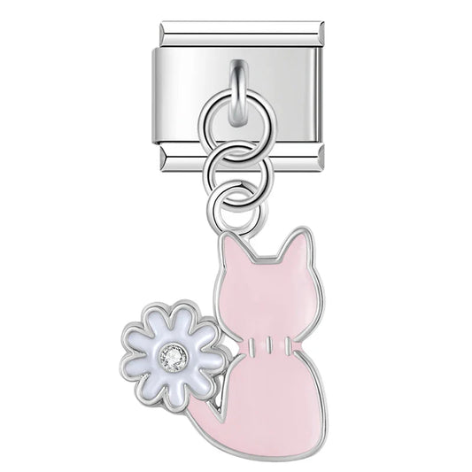 The Sweet Cherry & Floral Kitty Dangle Charm in Silve