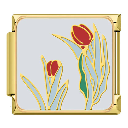 Golden Tulip & Sunflower Italian Charms — Botanical Enamel Bracelet Links