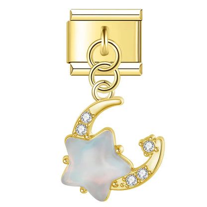 Star & Crystal Crescent Moon Dangle Charm in Silver & Gold