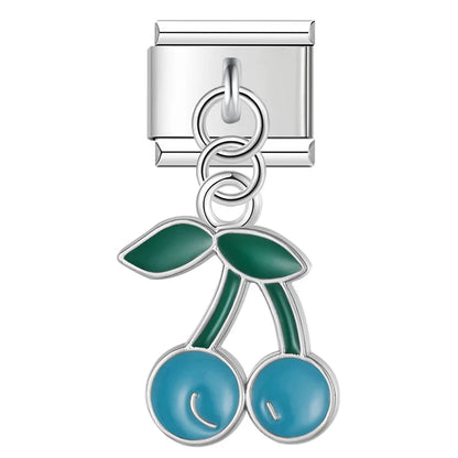 Sweet Cherry & Floral Kitty Dangle Italian Charms in Silver — Enamel Cherry & Pastel Cat Dangle Links
