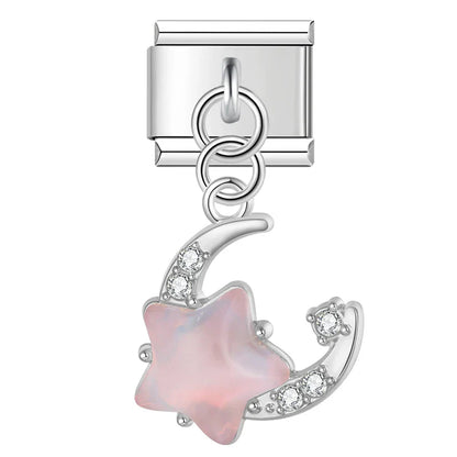 Star & Crystal Crescent Moon Dangle Charm in Silver & Gold