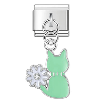 Sweet Cherry & Floral Kitty Dangle Italian Charms in Silver — Enamel Cherry & Pastel Cat Dangle Links