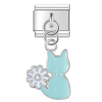 Sweet Cherry & Floral Kitty Dangle Italian Charms in Silver — Enamel Cherry & Pastel Cat Dangle Links