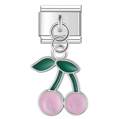 Sweet Cherry & Floral Kitty Dangle Italian Charms in Silver — Enamel Cherry & Pastel Cat Dangle Links