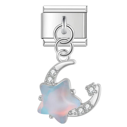 Star & Crystal Crescent Moon Dangle Charm in Silver & Gold