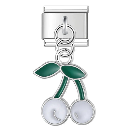 Sweet Cherry & Floral Kitty Dangle Italian Charms in Silver — Enamel Cherry & Pastel Cat Dangle Links