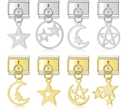 The Stars & Moon Pendant Dangle Charm in Silver & Gold