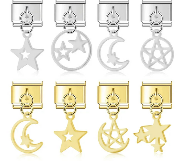 The Stars & Moon Pendant Dangle Charm in Silver & Gold