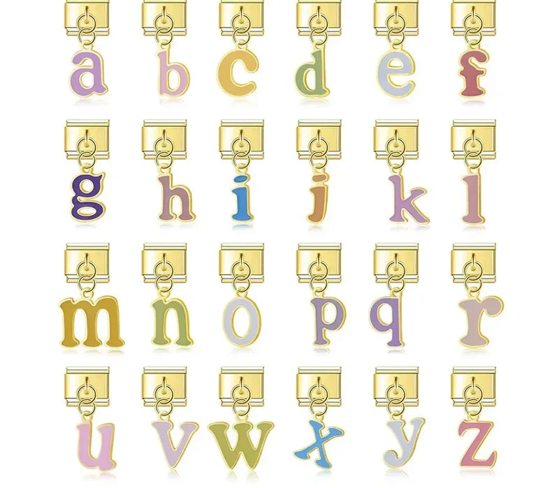 Set of letter clips from a to z with gold borders.