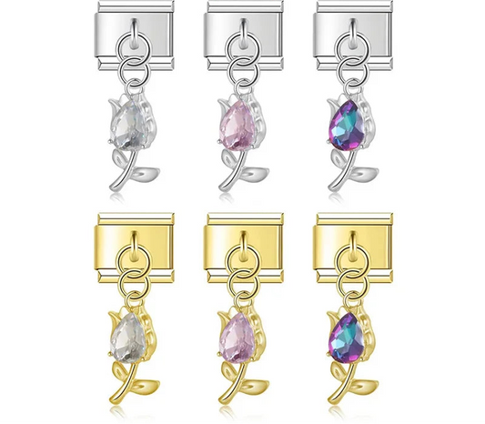 Tulip Flower gemstone charms silver&gold