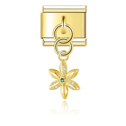 Elegant Golden Star, Flower & Bird Dangle Italian Charms — Gold Celestial & Nature Dangle Links