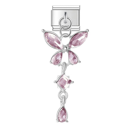 Butterfly Crystal Dangle Italian Charms — Marquise CZ Drop Pendant Links in Gold, Pink & Blue