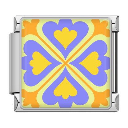 Colourful Vibrant Mosaic Tile Pattern Italian Charms — Silver & Gold Border Bracelet Links