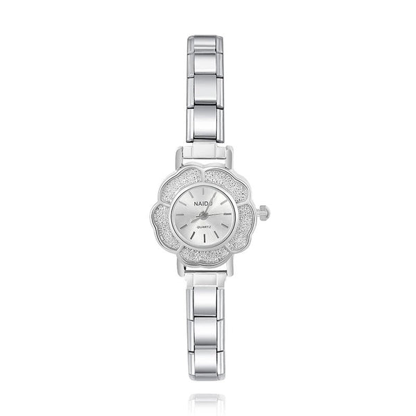 Flower Shaped Watch with Textured Edge — Floral Italian Charm Watch Bracelet