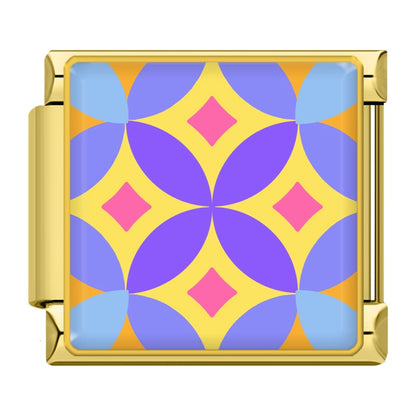 Colourful Vibrant Mosaic Tile Pattern Italian Charms — Silver & Gold Border Bracelet Links