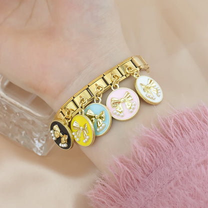 Heart & Pearl Bow Dangle Italian Charms in Gold — Textured Enamel Heart & Pearl Medallion Dangle Links