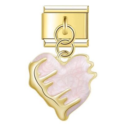 Heart & Pearl Bow Dangle Italian Charms in Gold — Textured Enamel Heart & Pearl Medallion Dangle Links