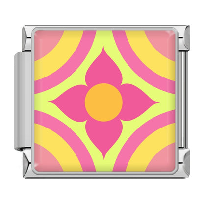 Colourful Vibrant Mosaic Tile Pattern Italian Charms — Silver & Gold Border Bracelet Links