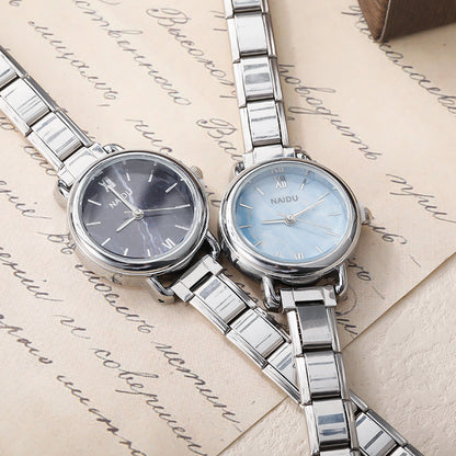 Round Silver Watch with Marble Face Dial — Blue & Black Italian Charm Watch Bracelet