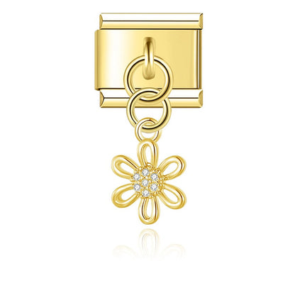 Elegant Golden Star, Flower & Bird Dangle Italian Charms — Gold Celestial & Nature Dangle Links
