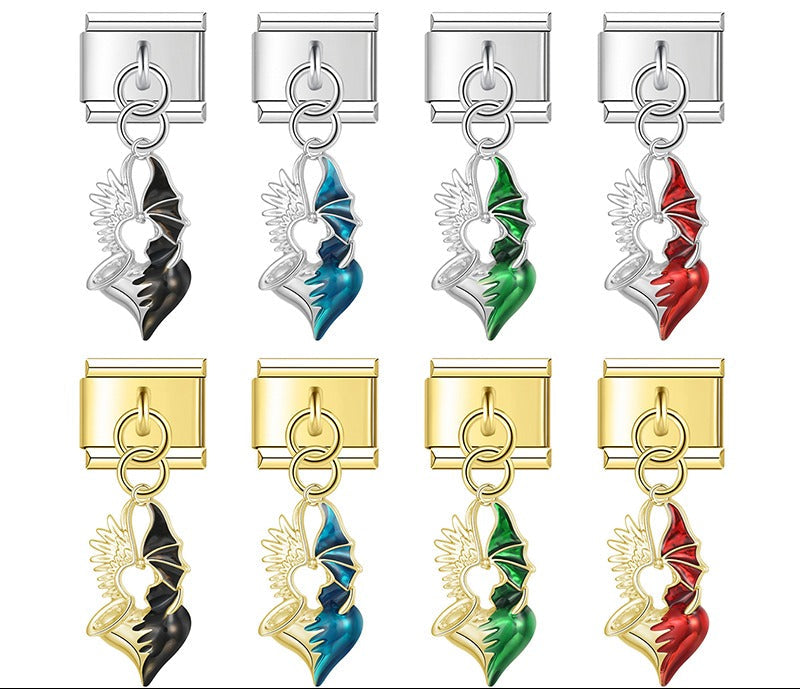 A 9mm Italian charm featuring a split heart dangle with one metallic angel wing and one colored enamel devil wing. Available in black, blue, green, and red on silver and gold bases.