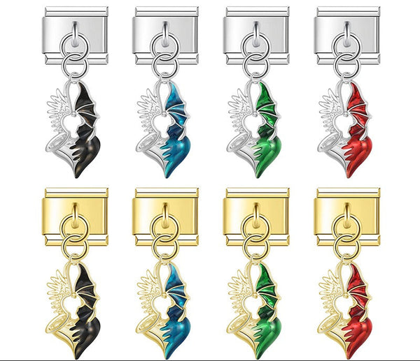 A 9mm Italian charm featuring a split heart dangle with one metallic angel wing and one colored enamel devil wing. Available in black, blue, green, and red on silver and gold bases.