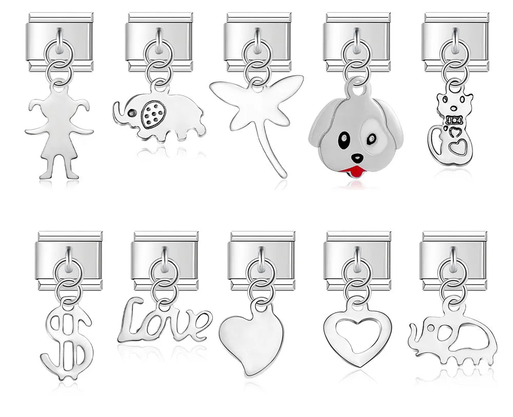 A collection of 9mm silver Italian charms featuring animal and icon dangles. Includes solid and wire elephants, a dog face, a wire cat, a dragonfly, a girl silhouette, a dollar sign, love script, and hearts.
