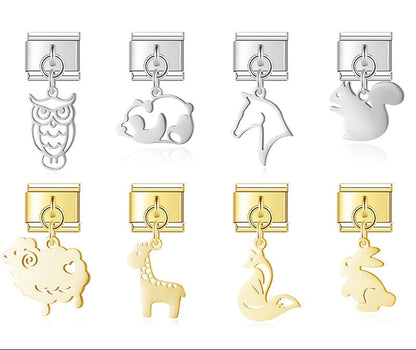 Animals themed italian charms gold&silver – silver and gold animal silhouette charm set including owl, panda, horse, squirrel, sheep, giraffe, fox, and rabbit charms, Italian charm bracelet charms by Charmtastic