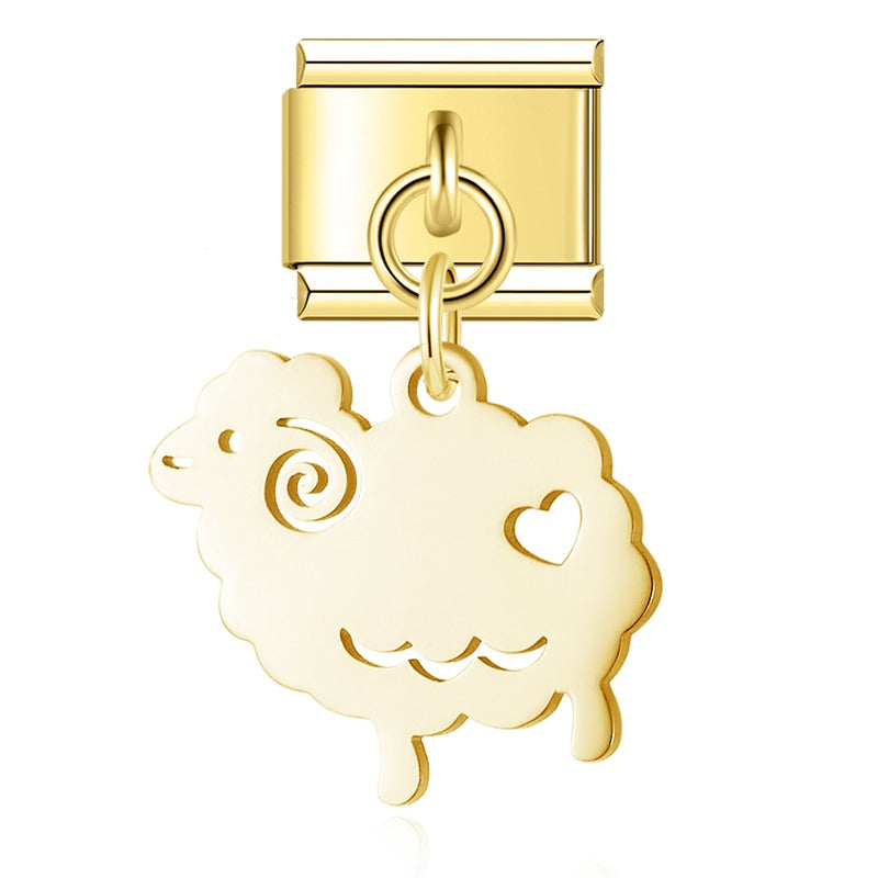 Animals themed italian charms gold&silver – gold sheep silhouette charm with heart detail, Italian charm bracelet charm by Charmtastic