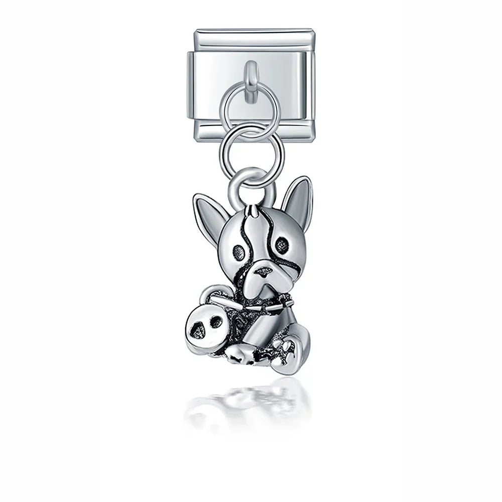 Animals Themed Dog Cow Elephant Peacock – silver French bulldog charm holding a panda toy, Italian charm bracelet charm by Charmtastic