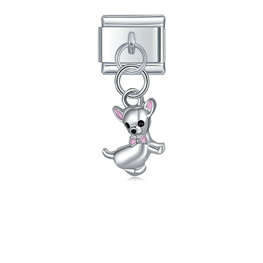 Animals Themed Dog Cow Elephant Peacock – silver chihuahua charm with pink bow, Italian charm bracelet charm by Charmtastic