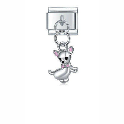 Animals Themed Dog Cow Elephant Peacock – silver chihuahua charm with pink bow, Italian charm bracelet charm by Charmtastic