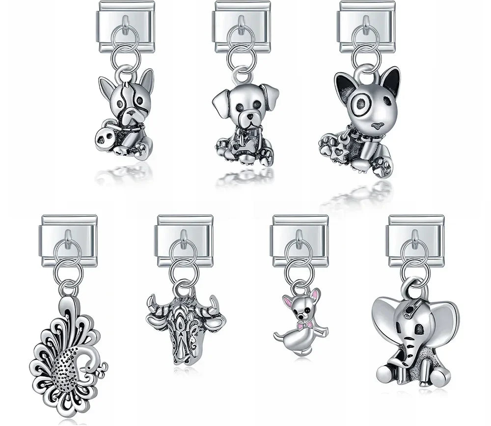 Animals Themed Dog Cow Elephant Peacock – silver animal dangle charm set including dog, cow, elephant, and peacock designs, Italian charm bracelet charms by Charmtastic